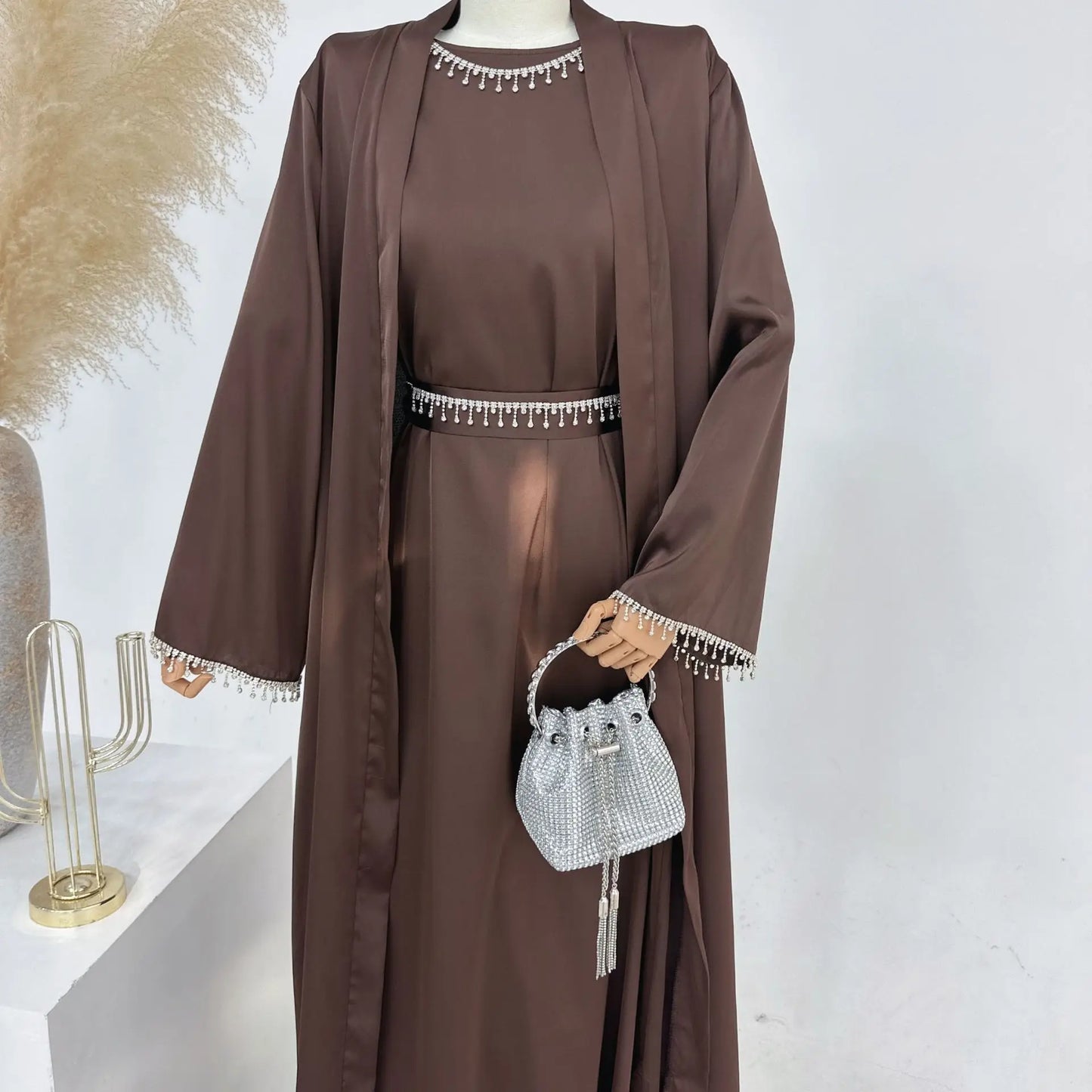 Spring/summer solid color beaded dress Dubai Abaya muslim set women Dresses Kaftan abayas for Women Casual Femme Caftan vestidos