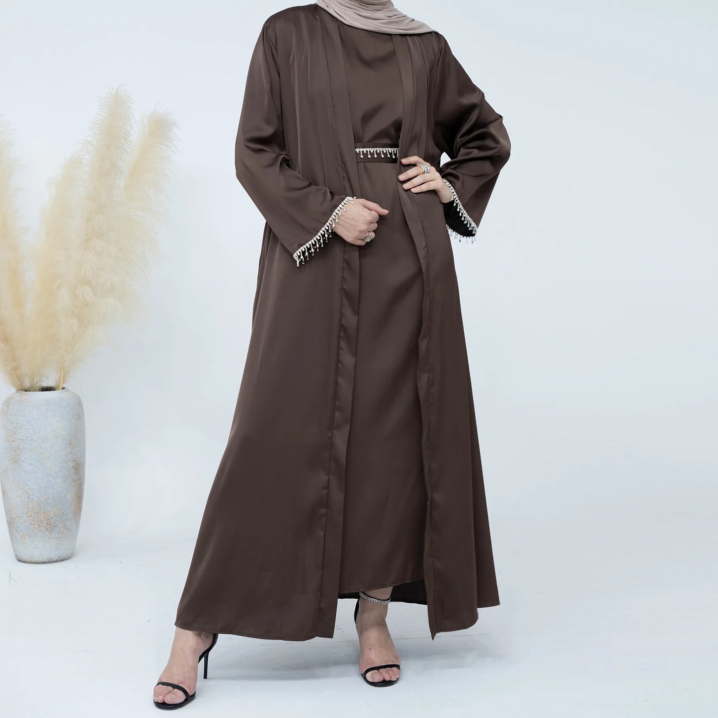 Spring/summer solid color beaded dress Dubai Abaya muslim set women Dresses Kaftan abayas for Women Casual Femme Caftan vestidos