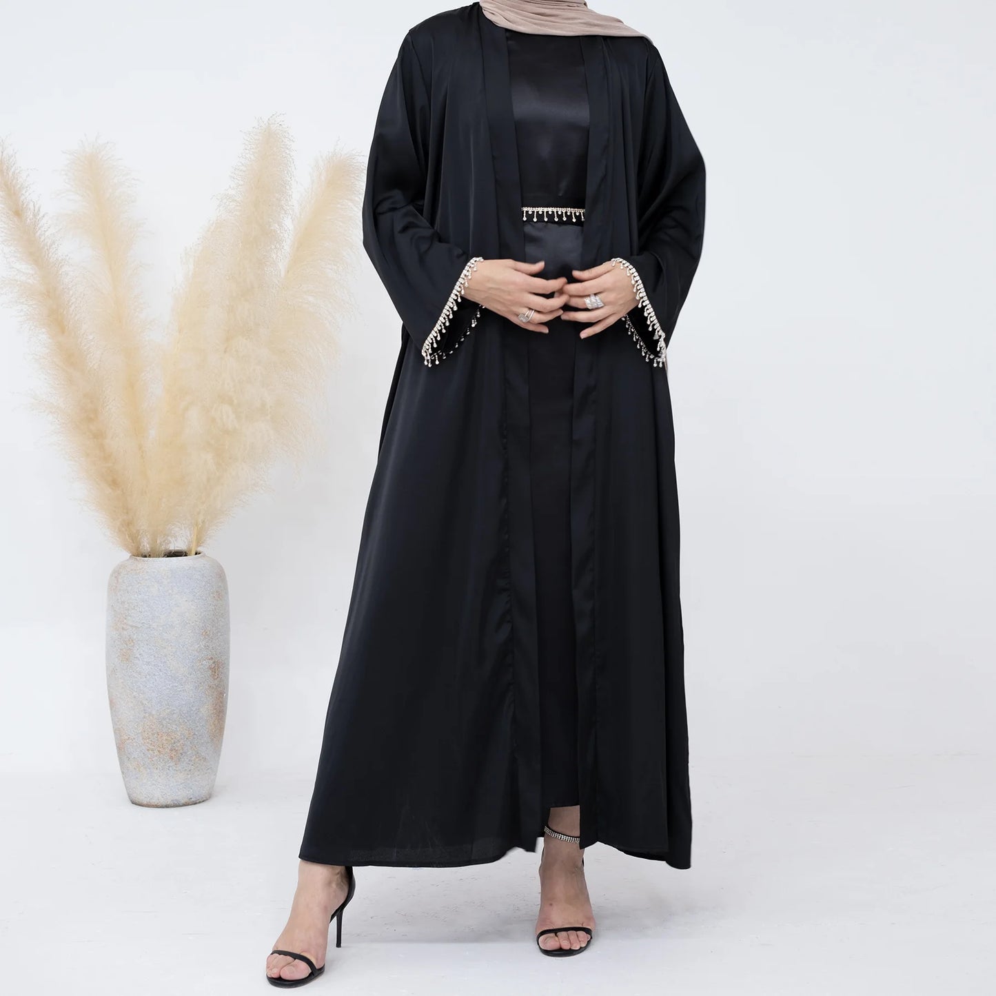 Spring/summer solid color beaded dress Dubai Abaya muslim set women Dresses Kaftan abayas for Women Casual Femme Caftan vestidos