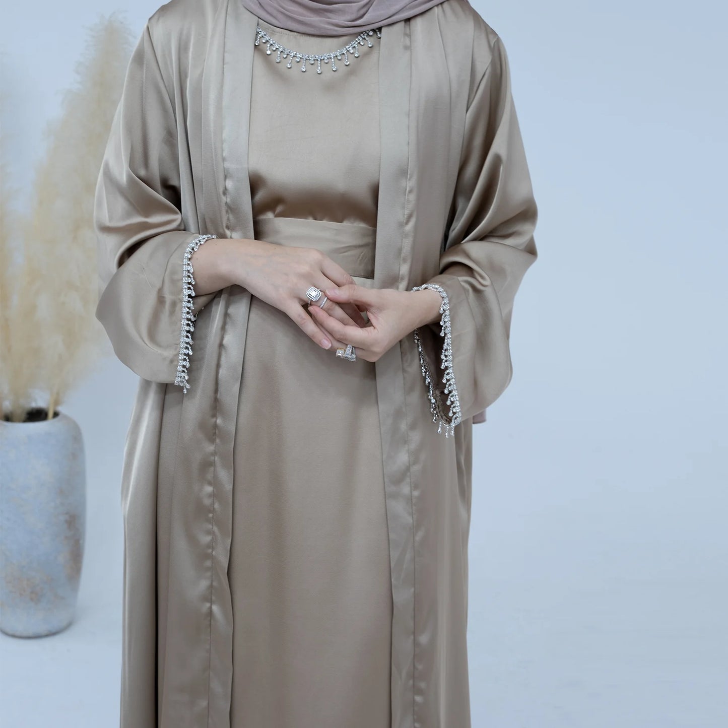 Spring/summer solid color beaded dress Dubai Abaya muslim set women Dresses Kaftan abayas for Women Casual Femme Caftan vestidos