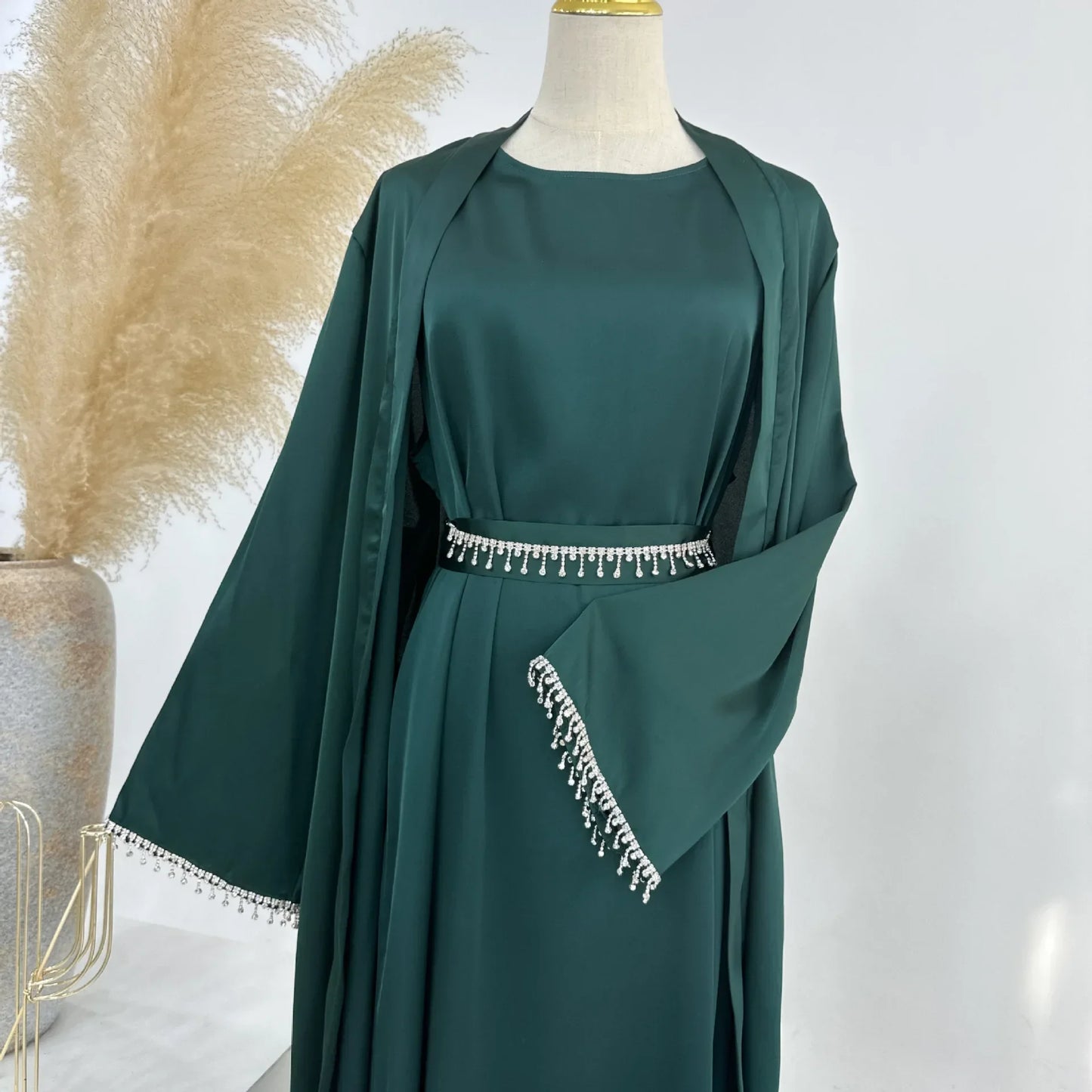 Spring/summer solid color beaded dress Dubai Abaya muslim set women Dresses Kaftan abayas for Women Casual Femme Caftan vestidos