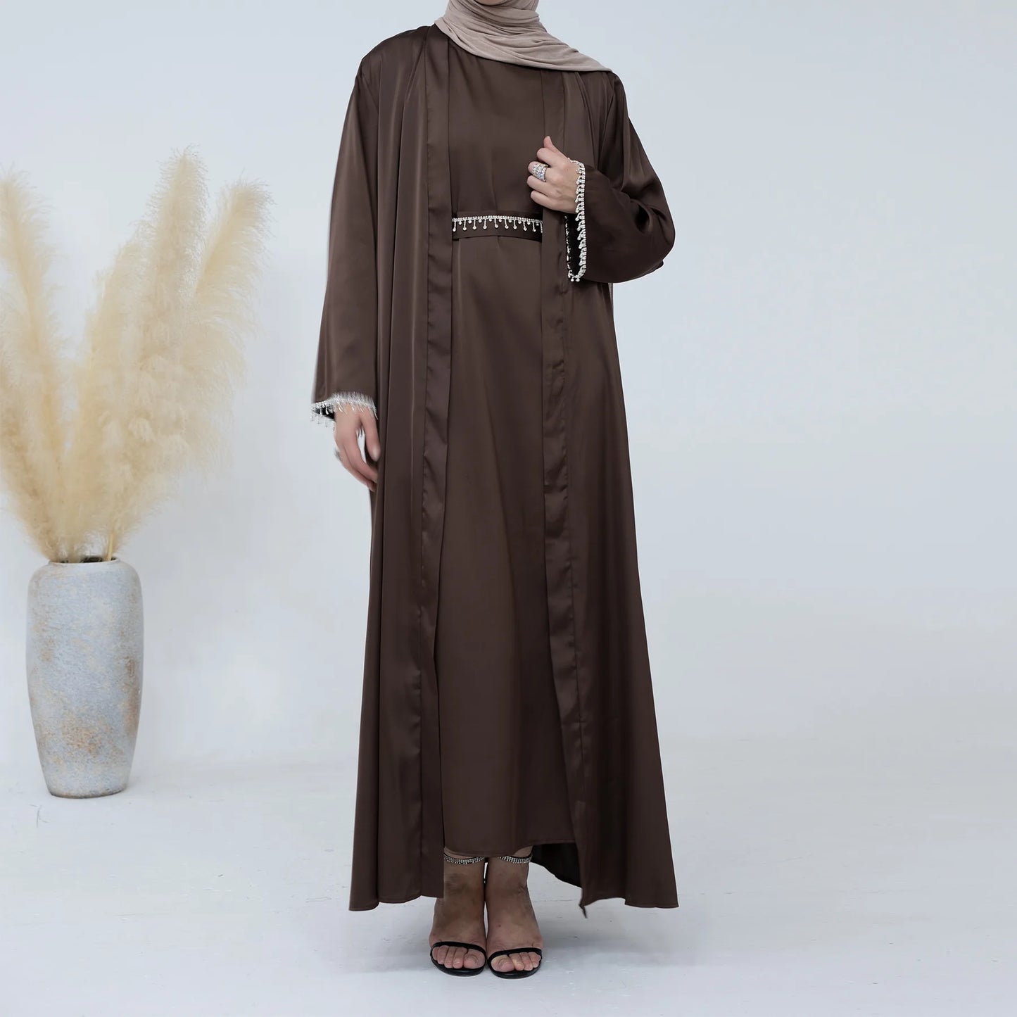 Spring/summer solid color beaded dress Dubai Abaya muslim set women Dresses Kaftan abayas for Women Casual Femme Caftan vestidos