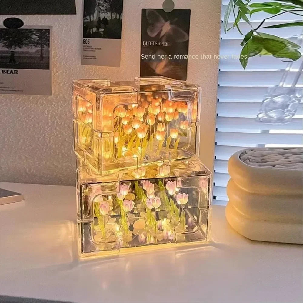 Creative Diy Tulip Flower Sea Cube Three-Dimensional Small Night Lamp Material Package for Girlfriend Couple Girlfriend