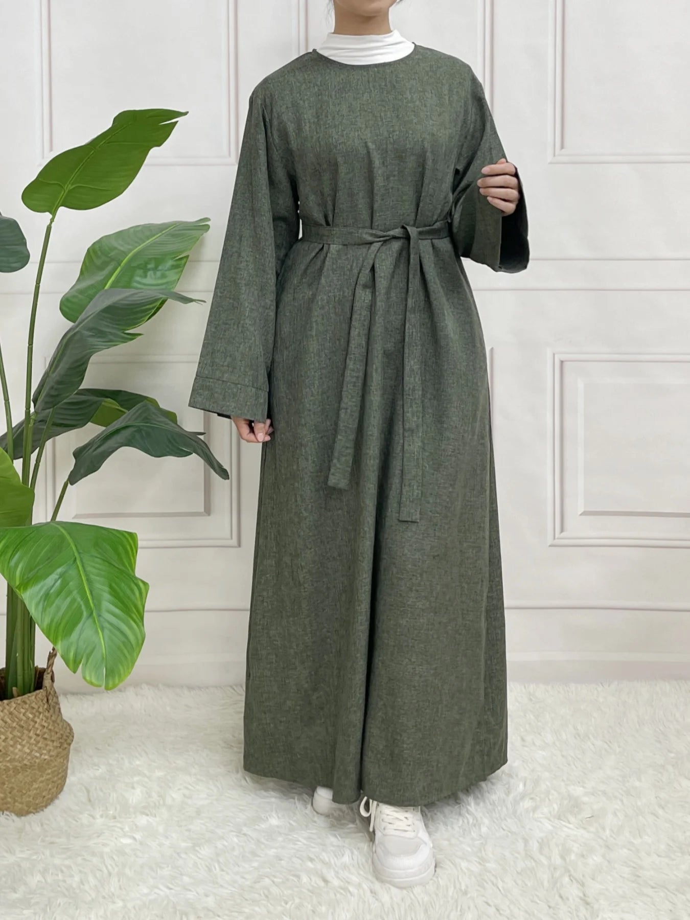 Modest Closed Plain Long Sleeve Abaya Without Hijab With Belt  Basic Islamic Eid Clothes Dress