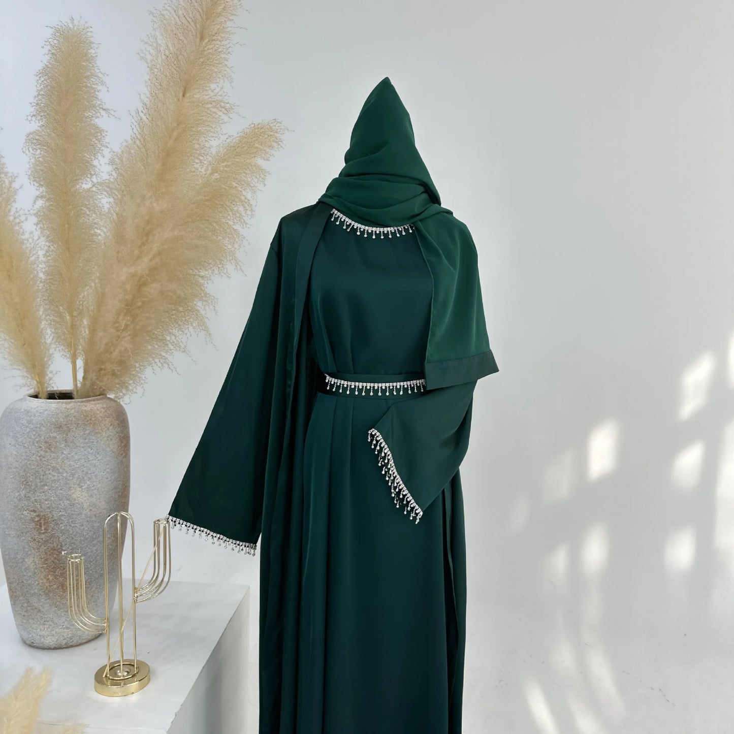 Spring/summer solid color beaded dress Dubai Abaya muslim set women Dresses Kaftan abayas for Women Casual Femme Caftan vestidos